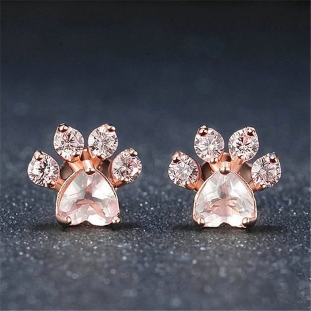 NEW Rose Gold Pink Heart Paw Print Stud Earrings